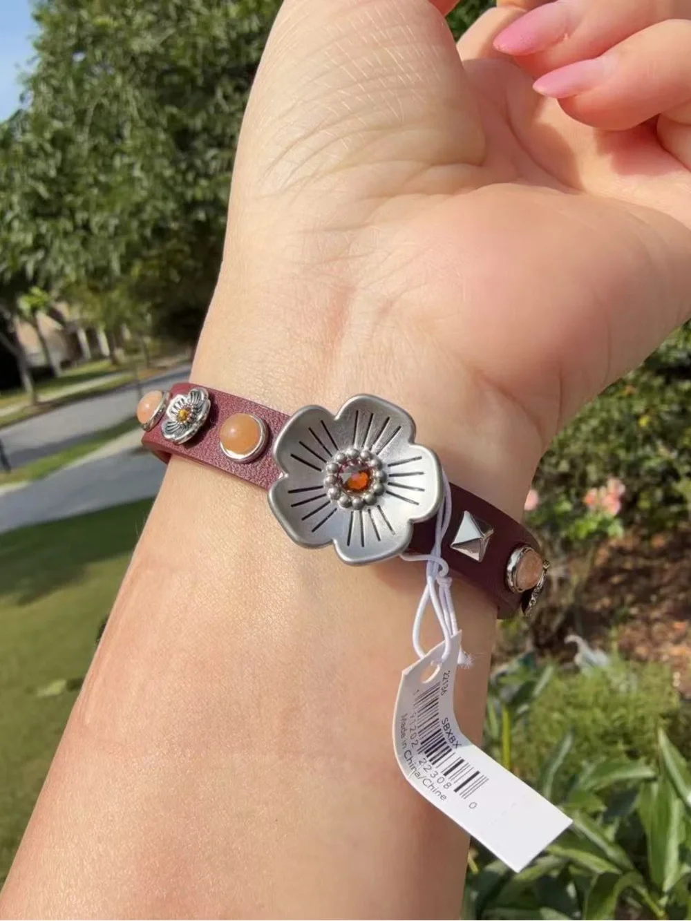 NWT Coach Willow Floral Studded Leather Bracelet Bordeaux Tea Rose Charm 22136
